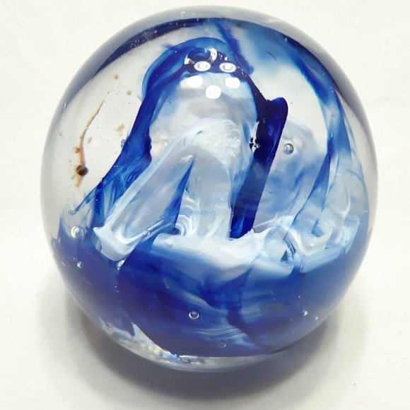 Vintage Kerry Glass Paperweight Round Size Small Blue Swirl Latticinio 3 in Tall - Picture 6 of 10